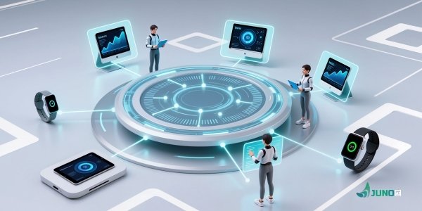 four individuals engaged with advance devices to analyze data and trends of AI revolutions